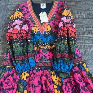 FARM Rio Pink and Blue V-Neck Bishop Sleeve Sundress